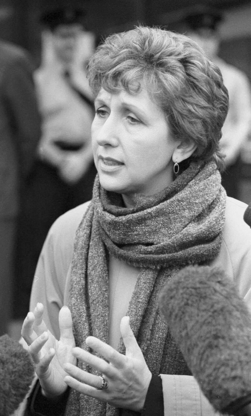 President Mary McAleese outside Tyrone County Hospital on August 16th, 1998, after visiting some of the people injured in the Omagh bombing. Photograph: Findlay Kember/AP Photo