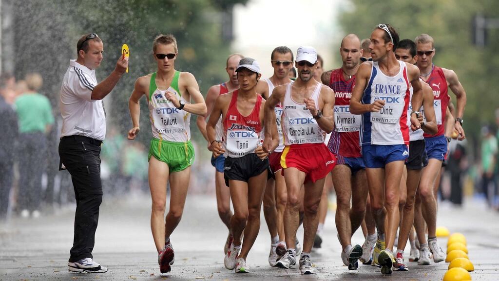 Pierce O’Callaghan judging the men’s 50k race walk at the 12th IAAF World Athletics Championships in 2009. Photograph: ©INPHO/Morgan Treacy