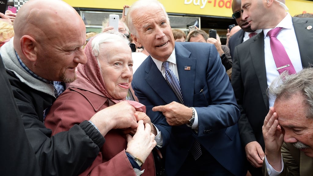 Joe Biden in Mayo: The US  vice-president Biden is greeted by local woman Maureen Conmy at Garden street, Ballina, Co Mayo. Photograph: Eric Luke/ The Irish Times