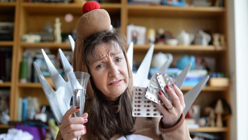 Oh holy fright: Pauline McLynn, in her festive onesie, prepares for the season that’s in it. Photograph: Dara Mac Dónaill