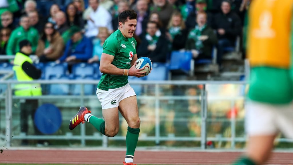 Ireland’s Jacob Stockdale runs in a try. Photograph: James Crombie/Inpho