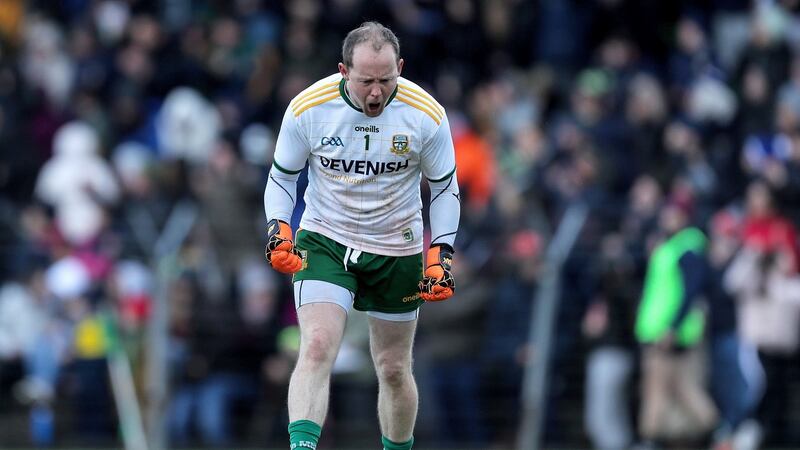 Meath goalkeeper Marcus Brennan celebrates his side’s second goal. Photograph: Laszlo Geczo/Inpho