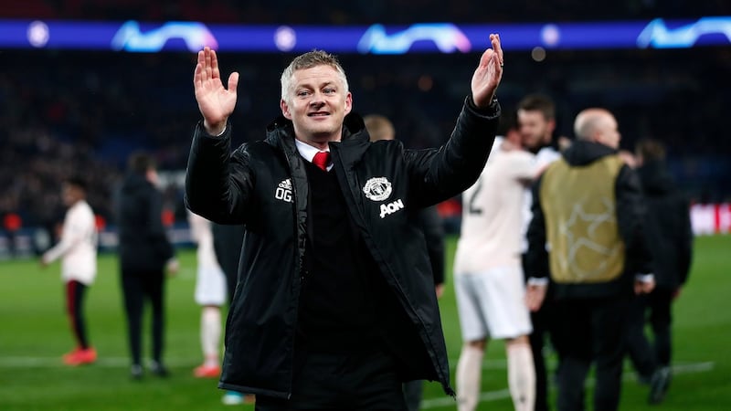 Ole Gunnar Solskjær celebrates after the victory over Paris Saint-Germain. Photograph: Ian Langsdon/EPA