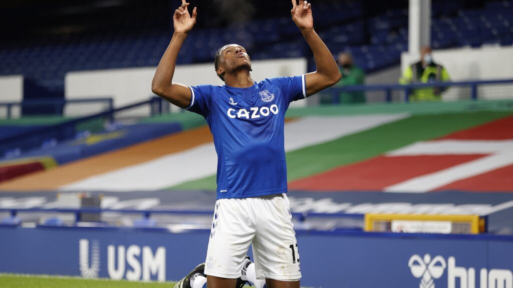 Everton’s Yerry Mina celebrates after scoring the winner in the Premier League match against Arsenal at Goodison Park. Photo: Clive Brunskill/EPA