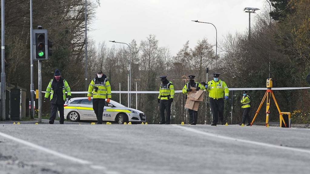 Gardai attending the scene on Humbert Way Castlebar, Co Mayo where a pedestrian was struck and later died. Photograph: Conor McKeown