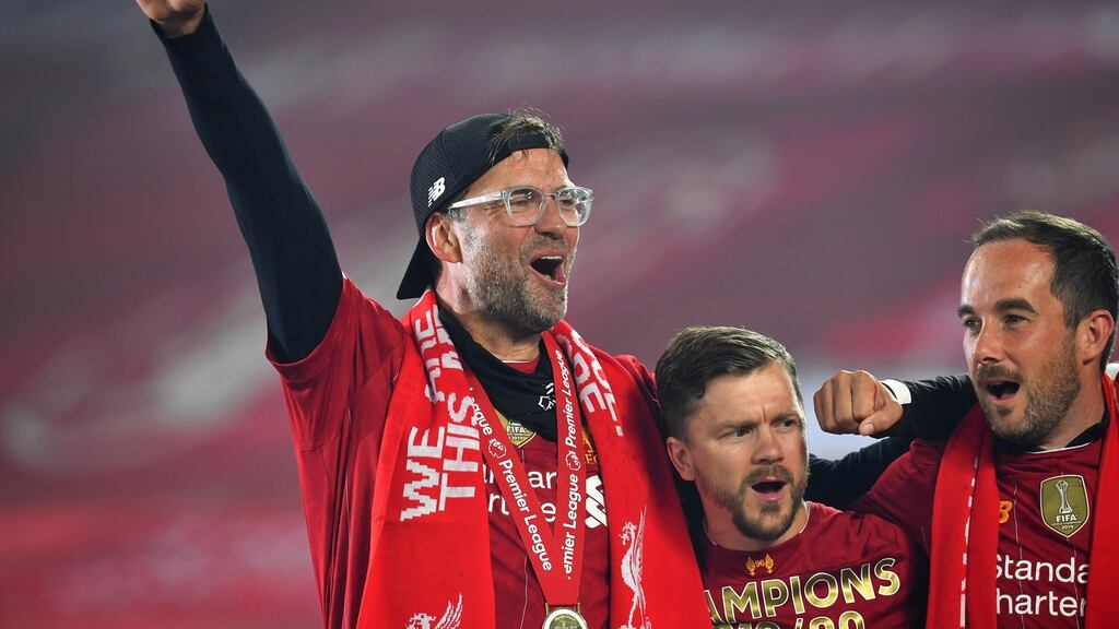Jurgen Klopp celebrates. “The outpouring of joy among Liverpool’s supporters in this country makes me wonder again at the sanity of Irish people – usually, but by no means always, men – whose emotions are so heavily invested in the professional soccer teams of the neighbouring island.” Photograph: Paul Ellis/Getty Images
