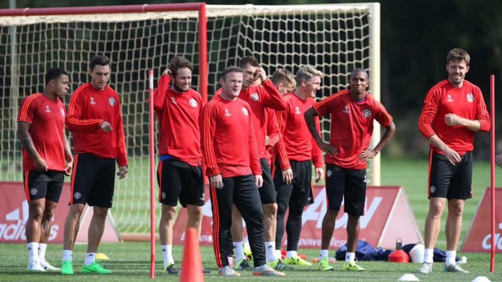 Manchester United players during a training session at the Aon Training Complex, Manchester. Photograph: Peter Byrne/PA