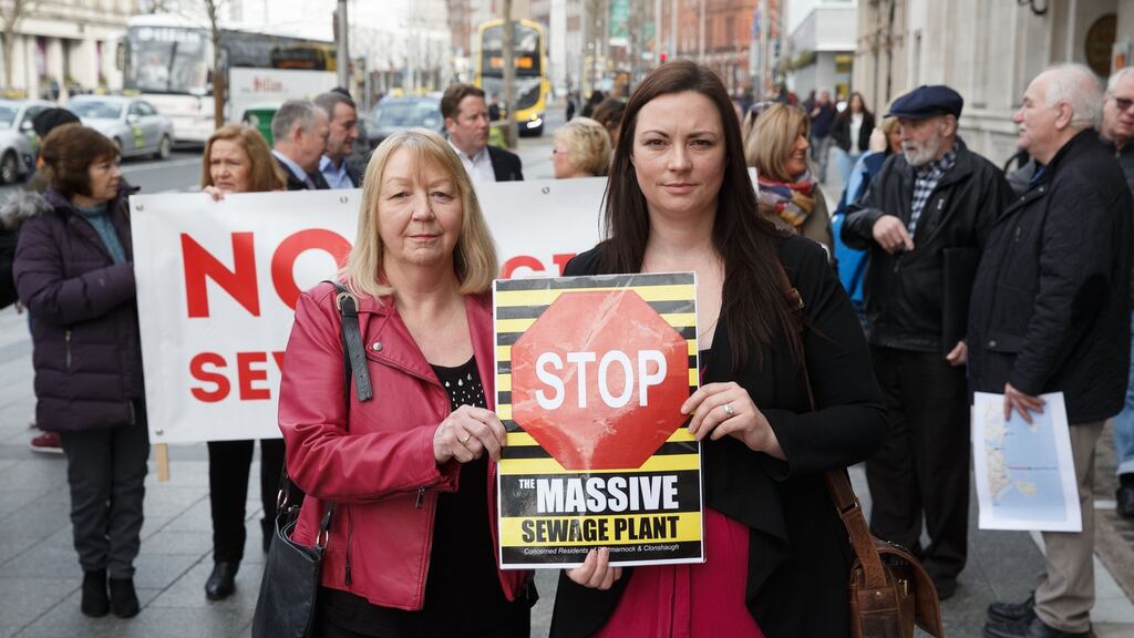 Bette Browne from Malahide, and Sabrina Joyce Kemper from Portmarnock, protesting outside previous  An Bord Pleanala hearing on plans for the  Clonshaugh sewage plant. Photograph: Fran Veale