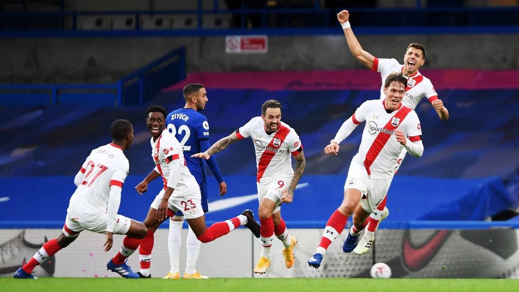 Southampton celebrate after Jannik Vestergaard’s late equaliser against Chelsea. Photograph: Mike Hewitt/EPA