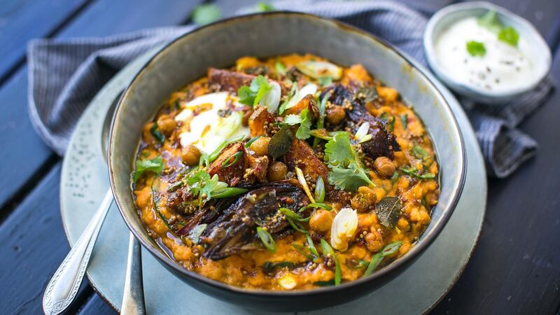Indian dahl with roast sweet potatoes, red onion and chickpeas. Photograph: Donal Skehan