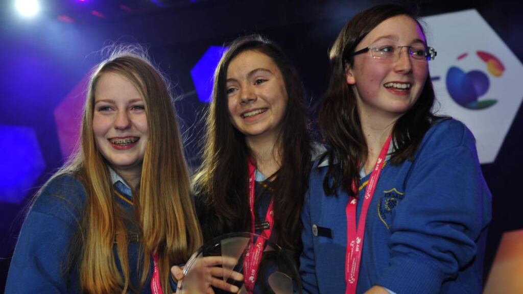 Emer Hickey, Sophie Healy-Thow and and Ciara Judge after winning the 2013 BT Young Scientist & Technology Exhibition. Photograph: Aidan Crawley