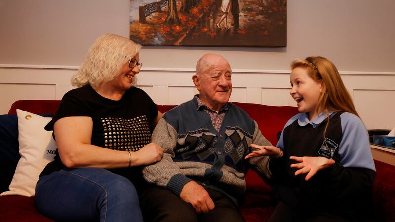 Alf Sloan (87) with his daughter Maria Moore and great granddaughter Adrianna McCarroll at his home near Kells.Photograph: Alan Betson/The Irish Times
