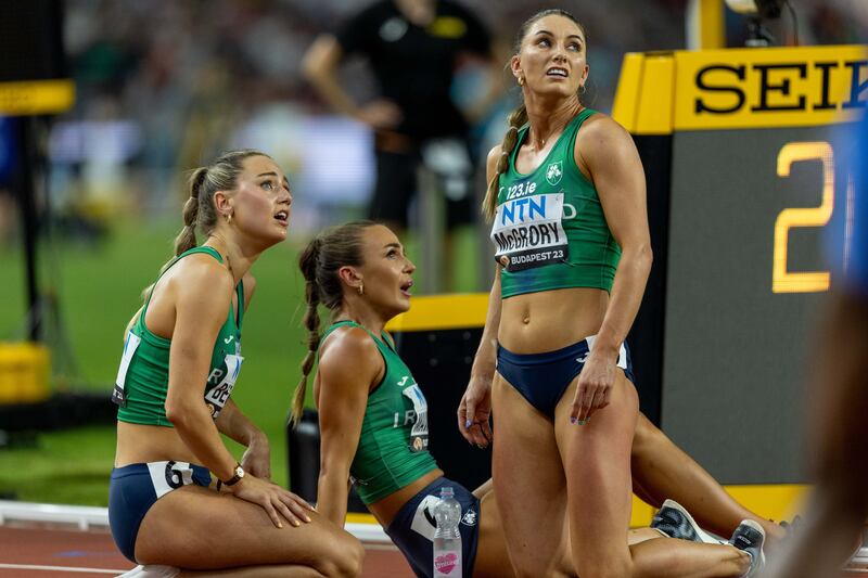 At the 2023 World Athletics Championships, Budapest, Hungary, on Saturday after the Women’s 4x400m heats: Ireland’s Sophie Becker, Sharlene Mawdsley and Kelly McGrory. File photograph: Morgan Treacy/Inpho
