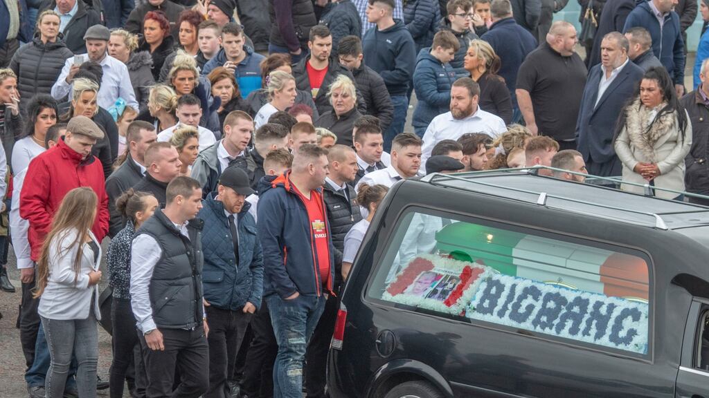 The tri-coloured casket of the late Pat Ward is taken from St Anne’s Church in Sligo. Photograph: North West Newspix