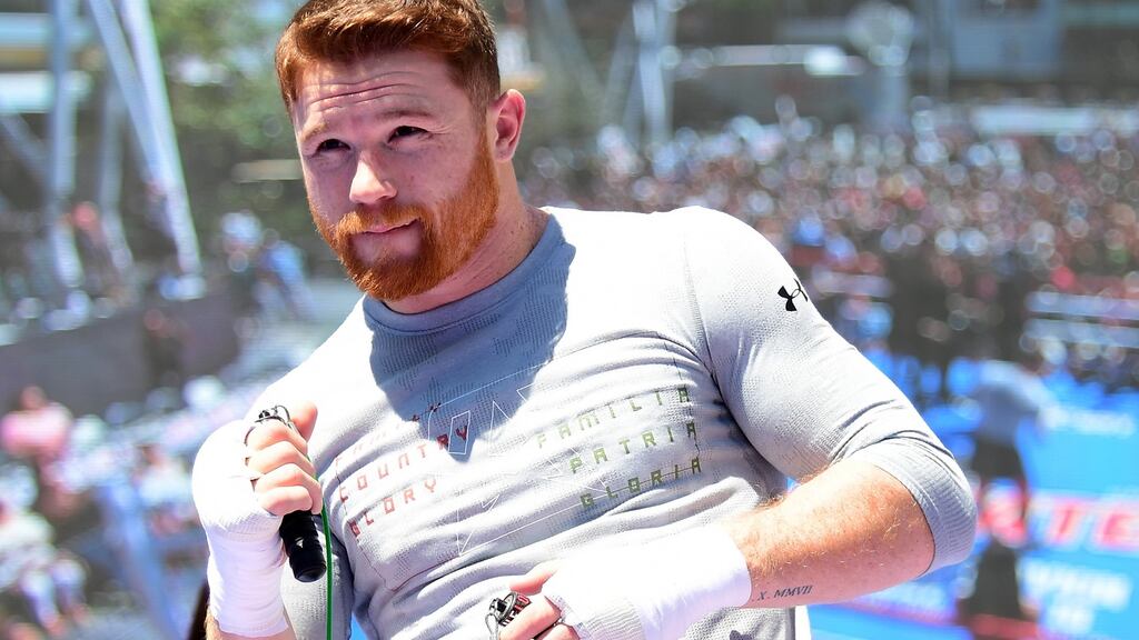 Canelo Alvarez prepares to jump rope during a media workout in Los Angeles ahead of his middleweight fight with Gennady Golovkin. Photograph: Harry How/Getty Images