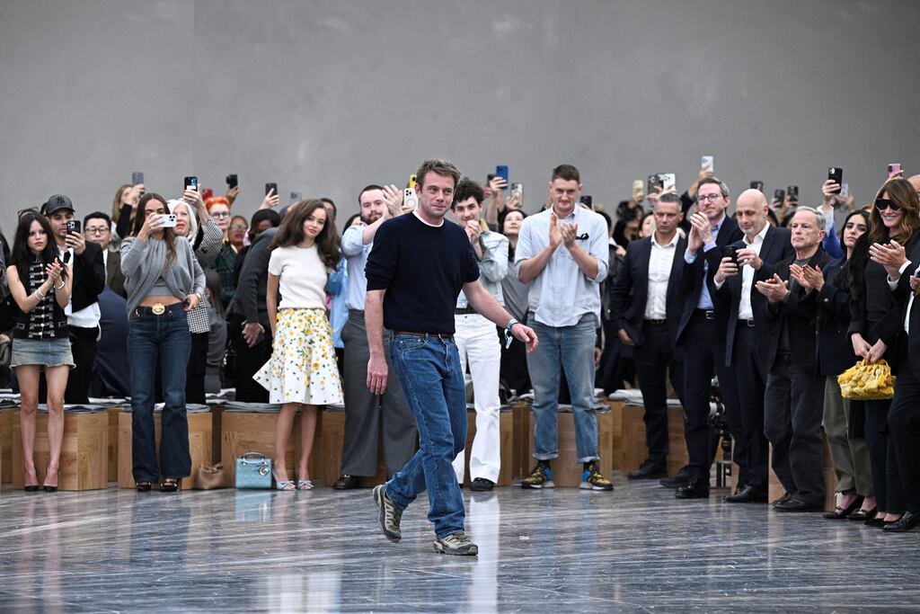 Northern Ireland-born fashion designer Jonathan Anderson acknowledges the audience at the end of Dior's fashion show on Wednesday. Photograph: JULIEN DE ROSA/AFP via Getty Images
