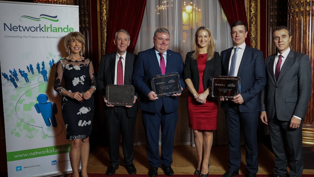 At the awards in Paris: Irish Ambassador Patricia O’Brien; Peter Lunden-Welden, CEO of Transdev Ireland; John Mullins, CEO of Amarenco; Minister of State for European Affairs  Helen McEntee; Joël Depernet, SVP Global R&D Axway; and French ambassador Stéphane  Crouzat.