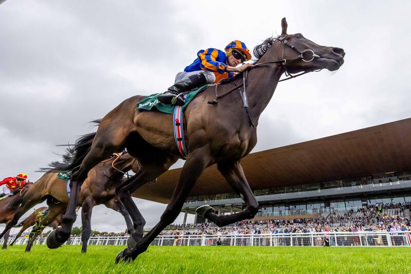 Whirl, under Ryan Moore, holds off Kalpana and Colin Keane to win The Paddy Power Pretty Polly Stakes at the Curragh in June. Photograph: Morgan Treacy/Inpho