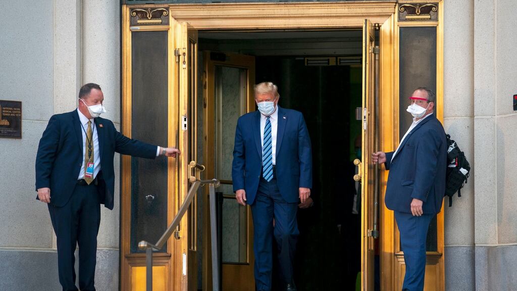 Donald Trump leaving the Walter Reed Medical Center in Bethesda after being treated for Covid-19. The Food and Drug Administration has granted emergency authorisation for a Covid-19 antibody treatment made by Eli Lilly that is similar to a therapy given to Mr Trump. Photograph: Doug Mills/the New York Times