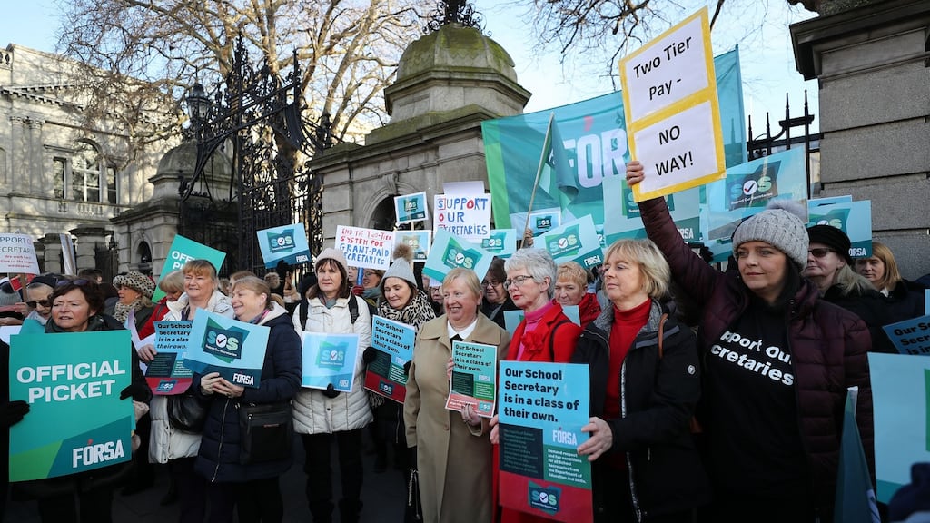 School secretaries rally at Leinster House. Photograph: Nick Bradshaw/The Irish Times