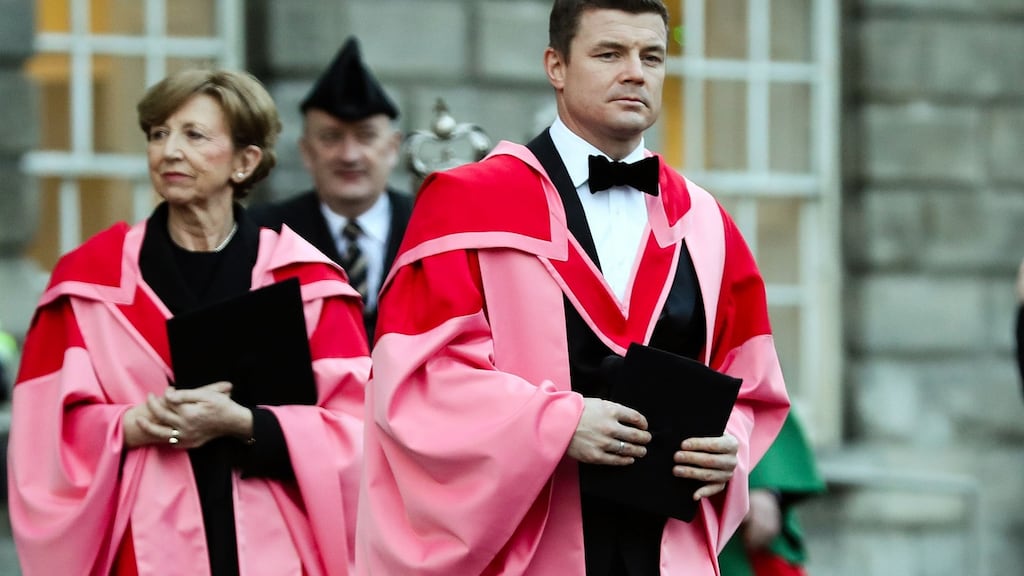 Journalist and broadcaster Olivia O’Leary and Brian O’Driscoll, the most capped Irish rugby player and Olivia O’Leary,  before the honorary doctorate ceremony in Trinity College on Friday