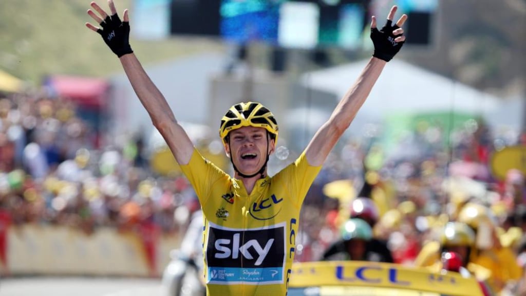 Team Sky rider Chris Froome celebrates as he crosses the finish line to win the 167-km 10th stage of the Tour de France from Tarbes to La Pierre-Saint-Martin. Photograph: Stefano Rellandini/Reuters