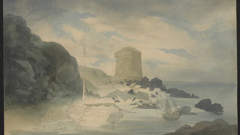 The Martello tower and landing place at Ireland’s Eye, by William Burke Kirwan, dated 1834-1852. Photograph: Image courtesy of the National Library of Ireland