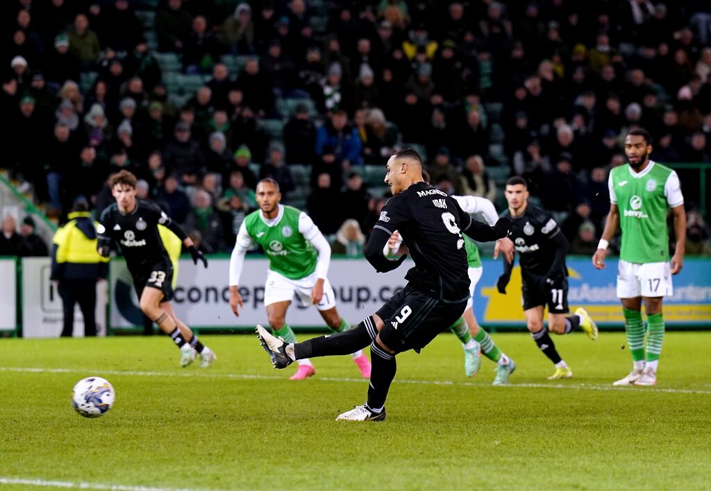 Celtic's Adam Idah scores his side's second goal of the game. Photograph: Jane Barlow/PA Wire