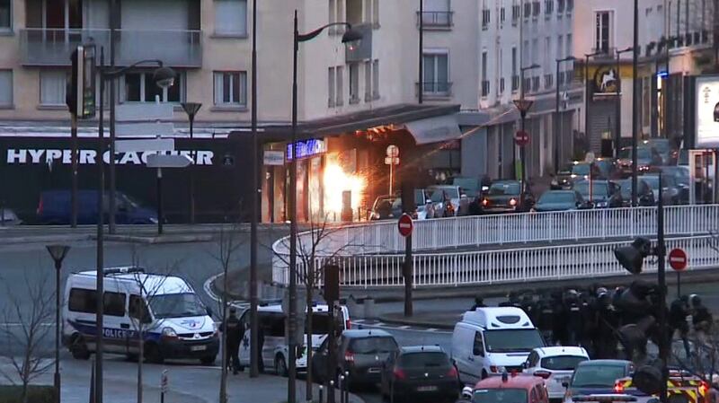 A screengrab from an AFP TV video shows French police special forces launching an assault at the Hyper Cacher store at Porte de Vincennes, eastern Paris, after Amedy Coulibaly had taken hostages, on January 9th, 2015. File photograph: Gabrielle Chatelain/AFP TV/Getty