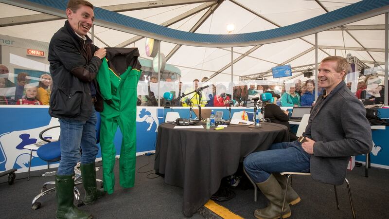 Ryan Tubridy showing Henry Shefflin his Ploughing overalls. Photograph: Dylan Vaughan.
