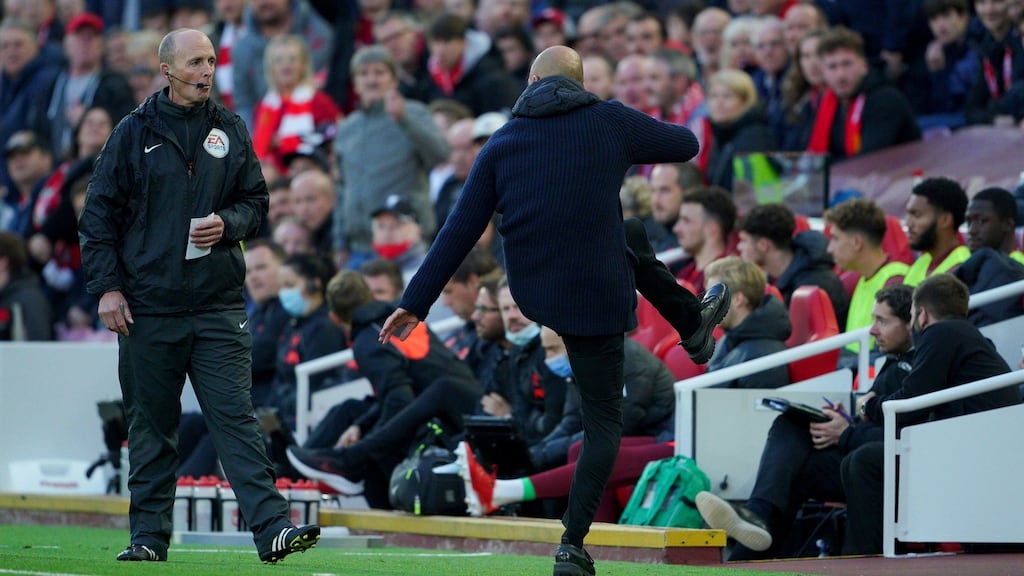 Manchester City manager Pep Guardiola reacts on the touchline during the Premier League match against Liverpool at Anfield. Photo: Peter Byrne/PA Wire