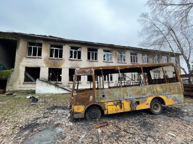 The school in Bohdanivka outside Kyiv was left in ruins after being used as a base by Russian troops who occupied the village in March 2022. Photograph: Daniel McLaughlin