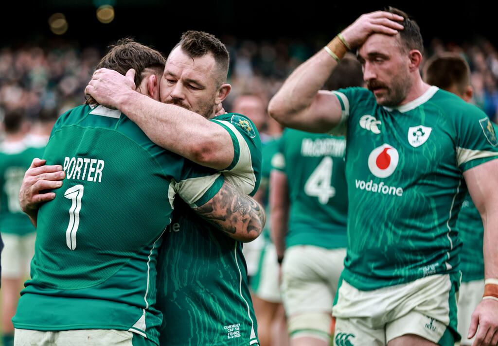 Ireland's Andrew Porter and Cian Healy share a hug after the defeat to France at the Aviva Stadium. Photograph: Dan Sheridan/©INPHO
