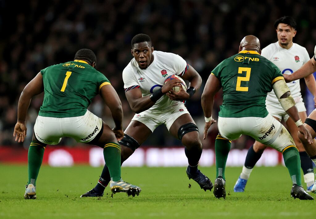 Maro Itoje of England runs with the ball at Ox Nche and Bongi Mbonambi of South Africa during the Autumn Nations Series 2024 match between the teams at the Allianz Stadium last November in London, England. Photograph: David Rogers/Getty Images