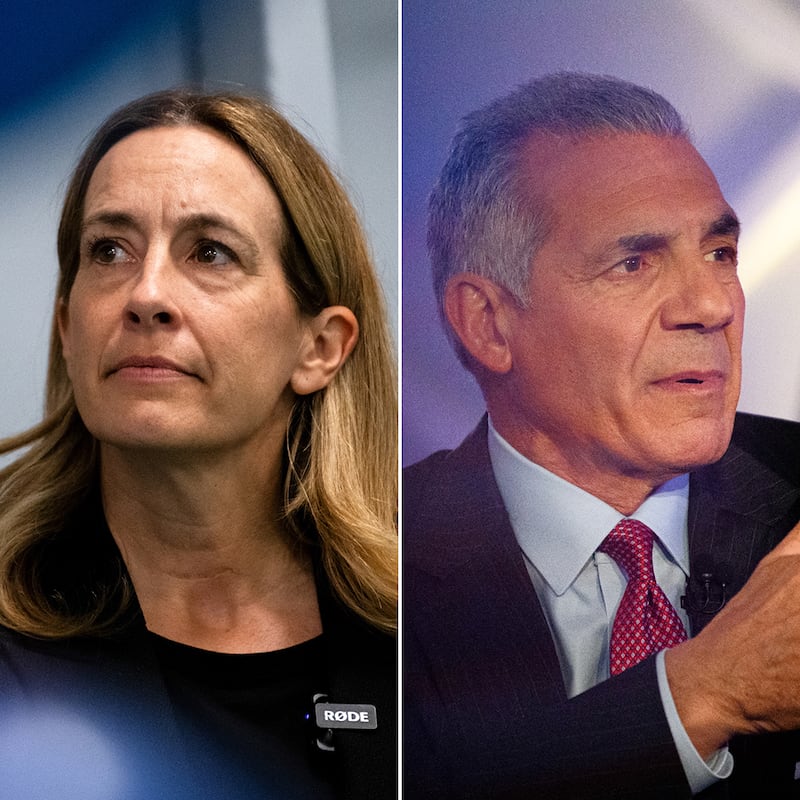 Mikie Sherill (left) and former state legislator Jack Ciattarelli. Photograph: Kriston Jae Bethel/The New York Times