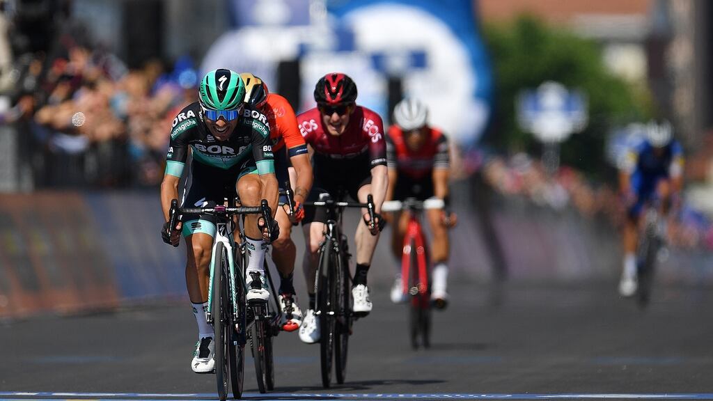 Ireland’s Eddie Dunbar comes home third behind the Italian duo of Cesare Benedetti and Damiano Caruso on stage 12 of the Giro d’Italia from Cuneo to Pinerolo. Photograph: Justin Setterfield/Getty Images