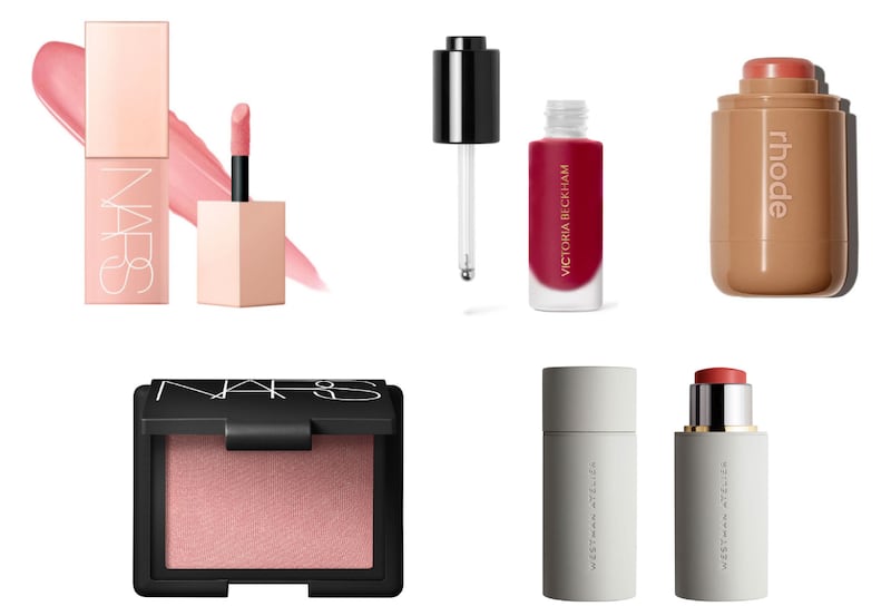 Nars Afterglow Liquid Blush in Orgasm (€40 from Space NK); Victoria Beckham Colour Wash Blush (€51 from Brown Thomas); Rhode Pocket Blush (multiple shades, €33 from rhodeskin.com); Nars Orgasm Blush (€39 from Boots); and Westman Atelier Baby Cheeks Blush Stick (€52 from Brown Thomas)