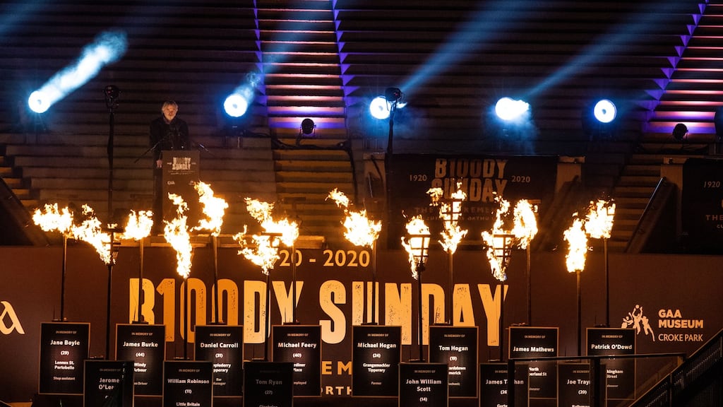 Brendan Gleeson speaking at the GAA Bloody Sunday Commemoration at Croke Park. Photograph: Inpho
