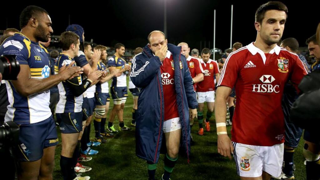 British and Irish Lions’ captain Rory Best (centre) and replacement scrumhalf Conor Murray lead the team off the pitch after losing to the Brumbies. Photograph: David Davies/PA Wire.