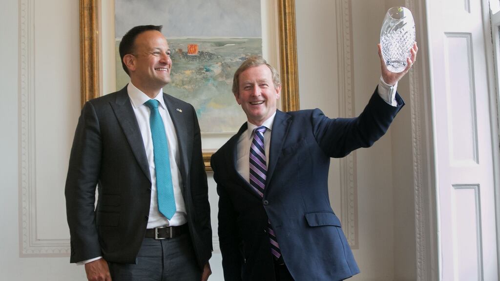 Taoiseach Leo Varadkar and former taoiseach Enda Kenny after Mr Kenny was awarded European of the Year in recognition of his contribution to Irish-EU relations, at the Shelbourne Hotel, Dublin. Photograph: Gareth Chaney/Collins