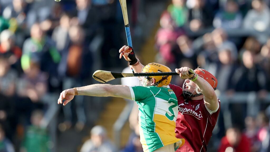 Offaly’s Sean Gardiner Galway’s Conor Whelan in action at O’Connor Park, Tullamore, Co. Offaly. Photograph: Bryan Keane/Inpho