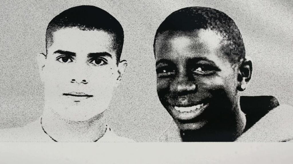 File picture taken on November 4th, 2006 in Clichy-sous-Bois, northern Paris, shows a giant picture of two teenagers Zyed Benna and Bouna Traore. Photograph: Olivier Laban-Mattei/AFP/Getty Images