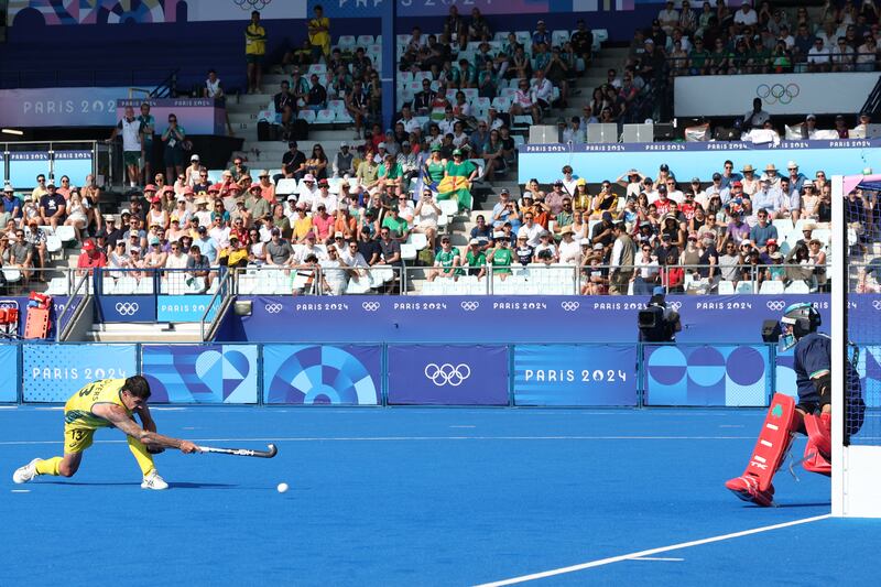 Australia's Blake Govers scores from the penalty spot against Ireland at the Paris 2024 Olympic Games. Photograph: Getty Images)
