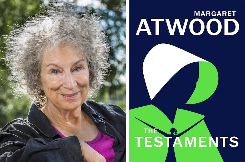 Margaret Atwood and the front cover of her new novel, The Testaments, which has been shortlisted for the 2019 Booker Prize. Atwood photograph: The Booker Prize/PA Wire