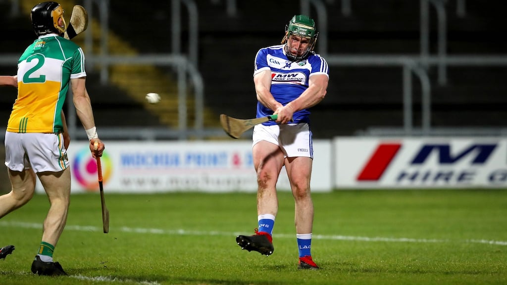 Laois’ Willie Dunphy scores the second goal of the game in the Allianz Hurling League Division 1B match against Offaly at O’Moore Park in Portlaoise. Photograph: Ryan Byrne/Inpho
