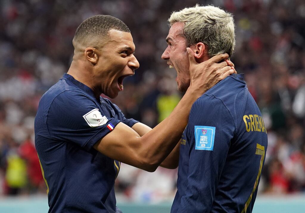 France's Kylian Mbappe and Antoine Griezmann. The pair have lit up the World Cup in Qatar as France bid to record back-to-back successes. Photograph: Mike Egerton/PA Wire/PA Images