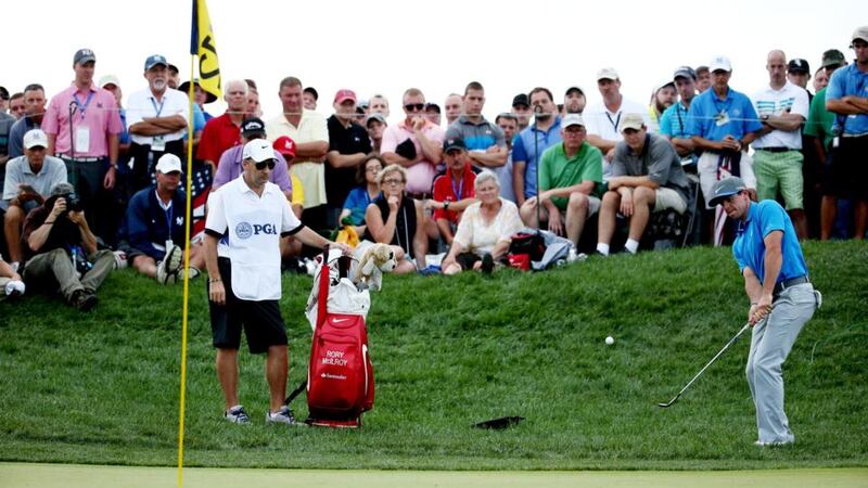 Rory McIlroy chips to the 12th green during the third round of the US PGA Championship at Valhalla. Photo: Warren Little/Getty Images