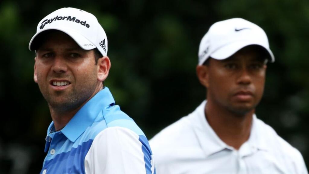 Tiger Woods and Sergio Garcia during the Players Championship at TPC Sawgrass. Photograph: Richard Heathcote/Getty Images