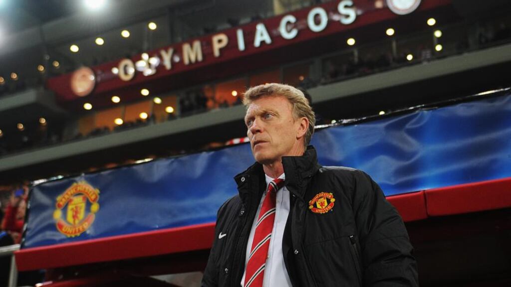 Manchester United manager David Moyes watches a disaster unfold in the Karaiskakis Stadium in Athens. Photograph: Michael Regan/Getty Images
