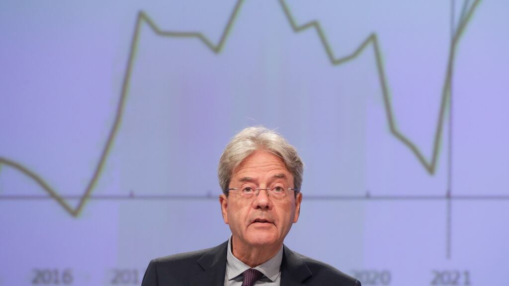EU commissioner for economy Paolo Gentiloni gives a press conference on the Summer 2021 Economic Forecast at the European Commission in Brussels, Belgium, on Wednesday. Photograph: Stephanie Lecoq. Photograph: EPA